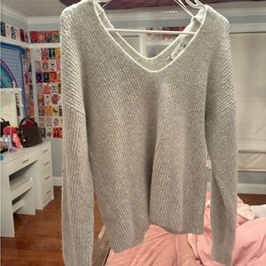 Pink Rose Light Gray V-Neck Sweater